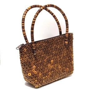 Vintage Coconut Shell Wood Beaded Bag Small Tote Purse Handbag - Warm Brown